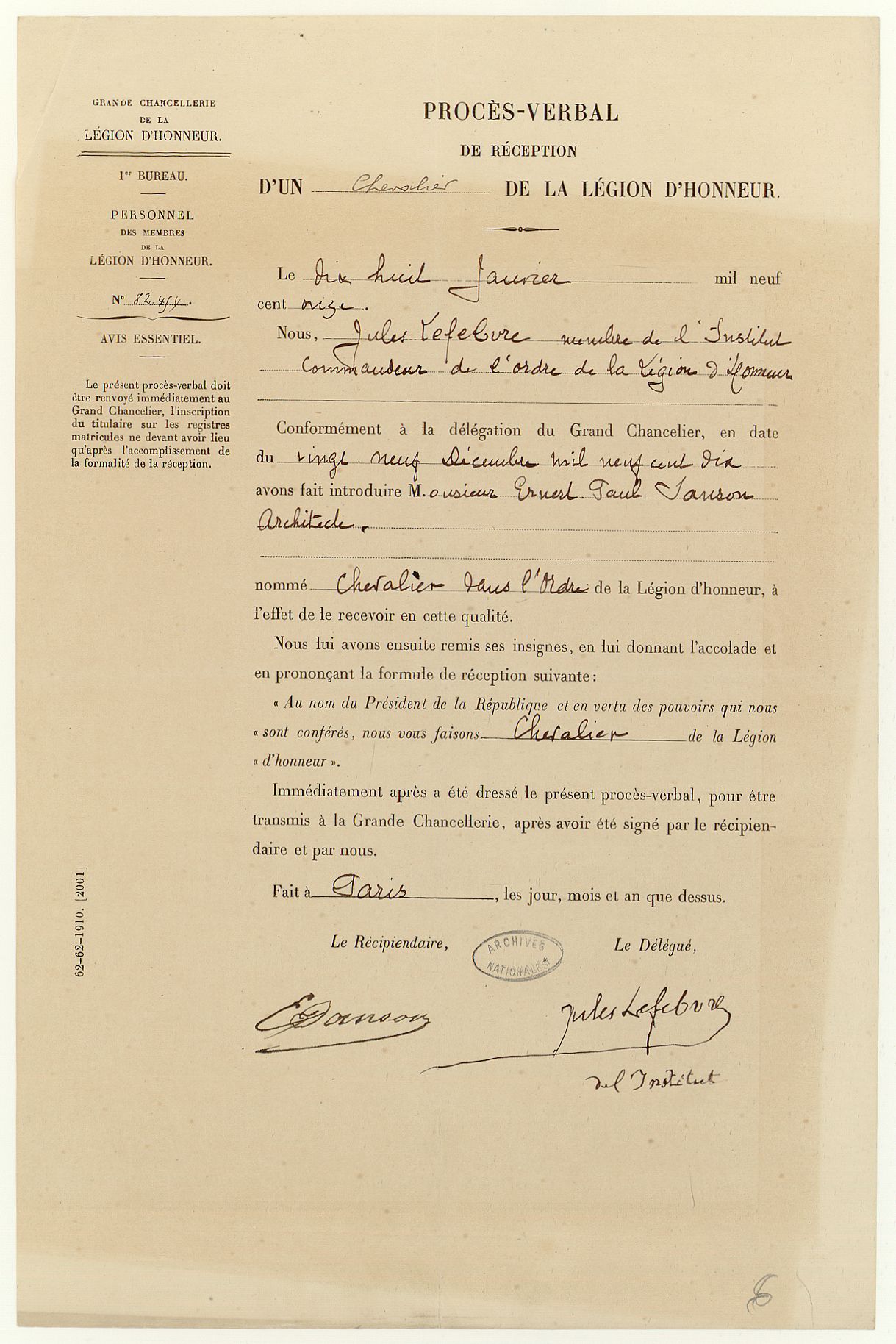 Légion d’honneur d’Ernest Sanson, procès verbal de réception, 1911. Légion d’honneur d’Ernest Sanson, procès verbal de réception, 1911.